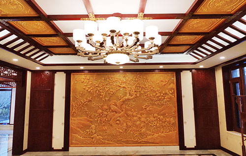 罗甸中式别墅客厅中式木作横梁吊顶装饰展示